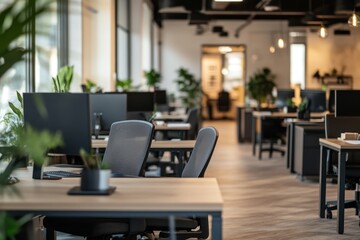 Fototapeta premium Empty Modern Office Workspace with Black Chairs and Wooden Desk