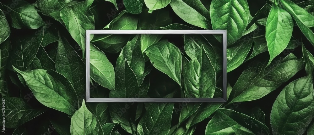 Poster a close-up of lush green leaves with a blank rectangular frame, perfect for adding text or graphics.