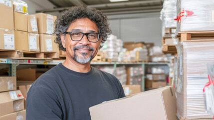 Middle aged Hispanic man in warehouse surrounded by shelves and boxes, logistics concept