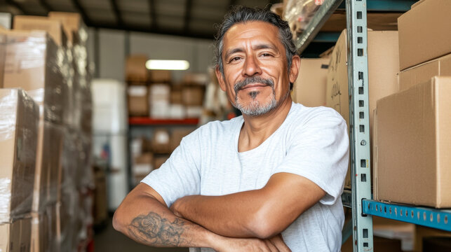 Middle aged Hispanic man in warehouse surrounded by shelves and boxes, logistics concept