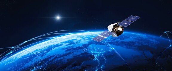 A satellite orbits the Earth, connected by glowing lines to various points on the planet, representing global communication and technology.