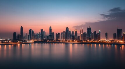 Fototapeta premium A vibrant city skyline at dusk, reflecting lights in the water.