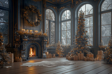 Fototapeta premium Cozy winter living room decorated for Christmas with trees, gifts, and a warm fireplace