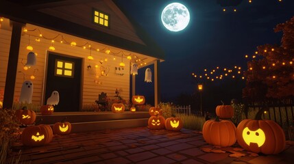Night view of a house with glowing pumpkins, ghost decorations, and orange lights around the porch, full moon shining above.
