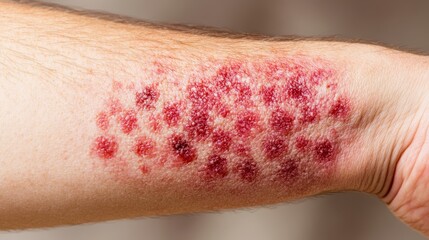 Fototapeta premium Detailed closeup of a skin rash on an arm, showing redness, irritation, and potential signs of allergic reaction or skin condition.