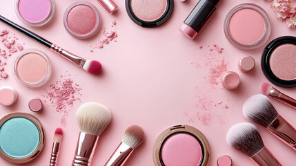 Various beauty cosmetics displayed on a pink background from above