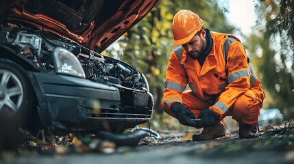 Emergency roadside assistance and safety measures for a disabled vehicle on the side of the road including airbags communication technology and a mechanic in uniform performing repairs