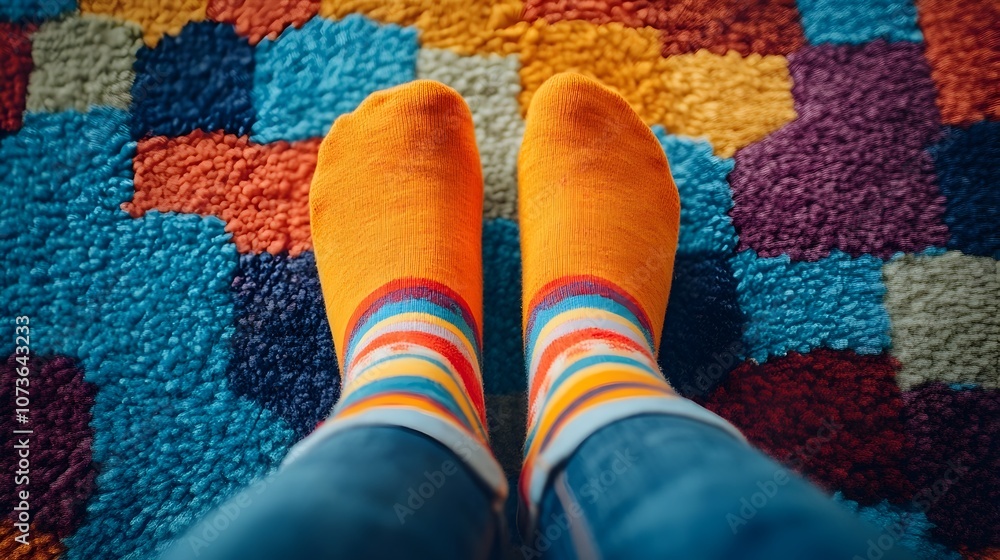 Poster bright and playful patterned socks standing on a colorful abstract and textured carpet the image rep