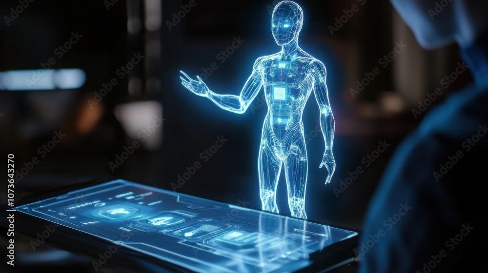 Poster ai-based language translator displayed as a hologram, futuristic communication tool.