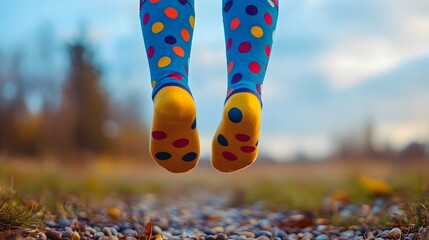 individual in polka dot socked feet joyfully leaping into the air celebrating the spirit of National Sock Day in a lively
