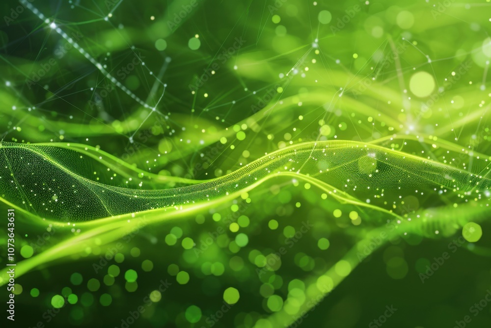 Poster abstract green network with glowing particles and lines