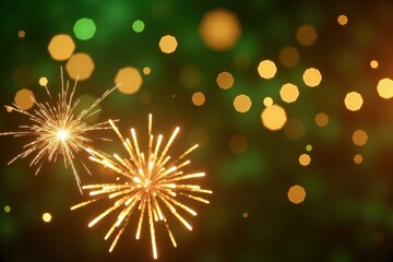 Obraz premium Vibrant Golden Fireworks Bursting in a Dark Night Sky, Perfect for Celebrations and Festive Greetings