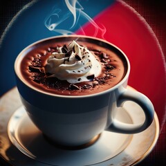 "A rich hot chocolate with whipped cream and chocolate shavings in elegant cup"