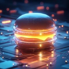 3D futuristic burger with transparent layers glowing softly in a high tech environment digital food concept