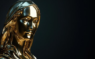 Golden statue resembling the Mona Lisa in 3D, with a glossy finish and reflective lighting on a dark backdrop. 