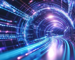 Abstract tunnel with flowing data streams in a digital environment virtual connections illuminated by glowing neon light