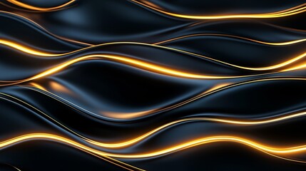 Abstract luxury background with sleek golden waves flowing across a black surface glowing softly in the dark