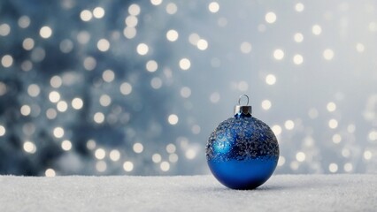 Obraz premium Eine blaue Weihnachtskugel mit weißen Ornamenten liegt weiter entfernt auf Kunstschnee, schönes Bokeh im Hintergrund