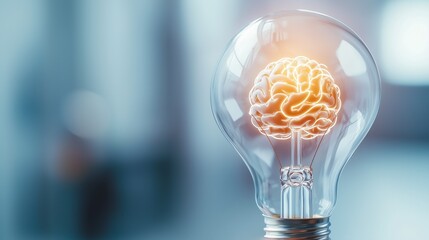 Glowing light bulb with a brain inside representing the concept of creative thinking and innovation