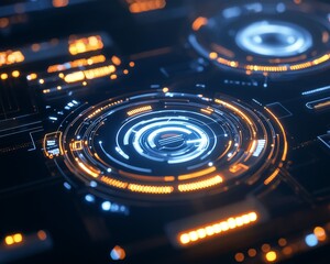 Holographic HUD interface elements floating over a dark background representing advanced technology and innovation