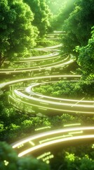 Powerful depiction of a green forest with glowing data lines representing carbon credit exchanges in a perfect futuristic setting