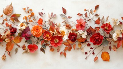 A vibrant arrangement of autumnal flowers and leaves in shades of red, orange, and cream.