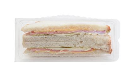 Ham sandwich in packaging isolated on white.