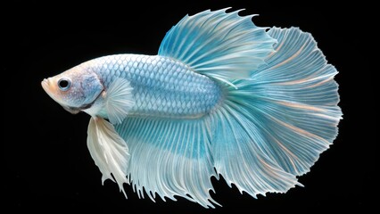 Soft Blue and White Betta Fish with Flowing Fins on Black Background