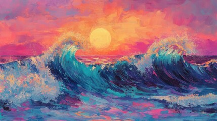 A vibrant oil painting capturing the energy of a wave crashing against the shore at sunset.