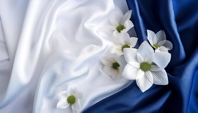  White flowers and navy silk on a crisp white fabric backdrop, ideal for flat lays and banne_1(780)