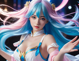 Obraz premium Young cosplayer. With long blue hair and a magical pink and white outfit, she exudes cuteness and charm. Her elegant pose and dynamic composition capture the essence of fantasy and adventure.