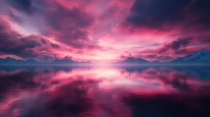 Obraz premium A breathtaking landscape featuring a serene lake reflecting vibrant pink and purple skies against rugged mountains, Ideal for websites, travel brochures