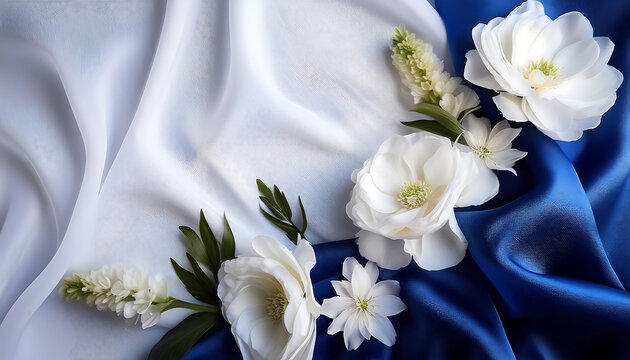  White flowers and navy silk on a crisp white fabric backdrop, ideal for flat lays and b_1(781)