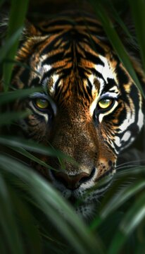 Tiger, wild animal, eyes, focus, nature, wildlife, jungle, predator, fierce, camouflaged, close up, lush greenery, vibrant colors, striking beauty, natural habitat, hidden, nocturnal, stealthy presen