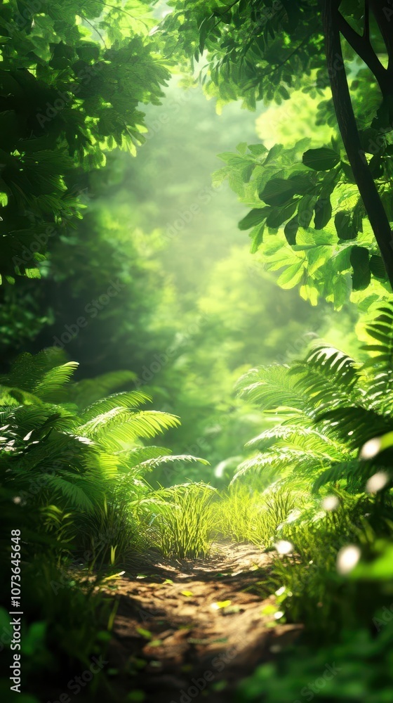 Poster lush forest pathway illuminated by soft, diffused sunlight filtering through foliage.