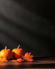 Minimalist fall composition of pumpkins and leaves on a simple wooden table, warm, moody lighting, closeup shot, soft shadows, clean lines, elegant seasonal theme