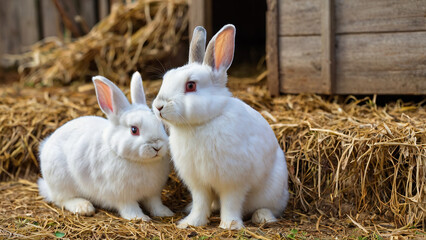 Two white rabbits sitting together on farm, with hay in the background