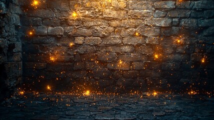 A dimly lit stone wall with glowing sparks, creating a mystical atmosphere.