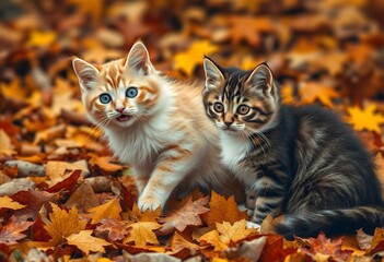 Fototapeta premium Adorable Kittens Playing in Autumn Leaves
