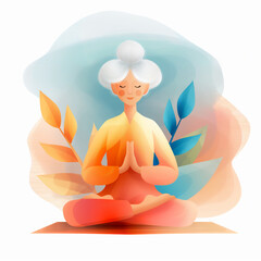 An elderly woman is peacefully sitting in a lotus position on a colorful yoga mat, surrounded by serene decor in her tranquil space