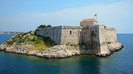 Fototapeta premium A stone fortress sits on a small island in the Adriatic Sea with a red flag flying on top.