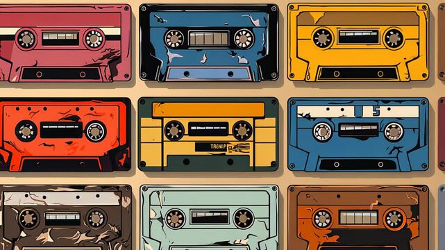 Vintage cassette tapes on a plain background, concept: 90s music and retro gadgets