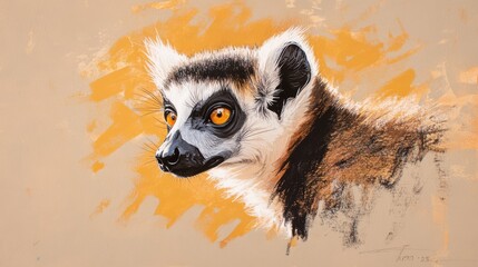 Naklejka premium A close-up portrait of a ring-tailed lemur, its bright orange eyes captivating against a soft yellow and brown background.