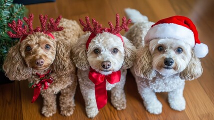 Close-up of a dog wearing a reindeer antler crest, Santa hat and red ribbon, decorated with red ribbon or garland.