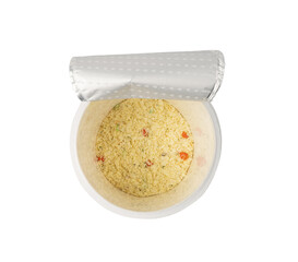 Instant Mashed Potato Powder Isolated, Potato Puree Flakes in a Plastic Cup, White Vegetable Flour