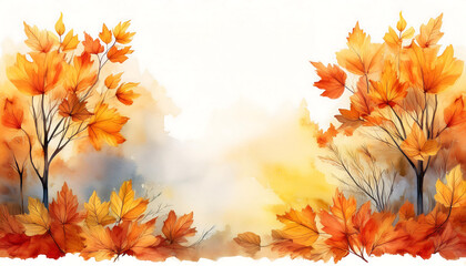  Watercolor autumn scene with golden and orange leaves in copy space for text or design, evo_1(764)