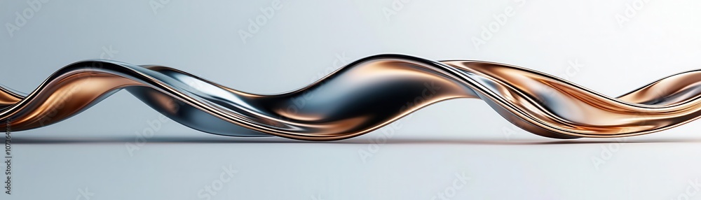 Poster a flowing, abstract design features intertwined metallic strands in silver and copper tones, creatin