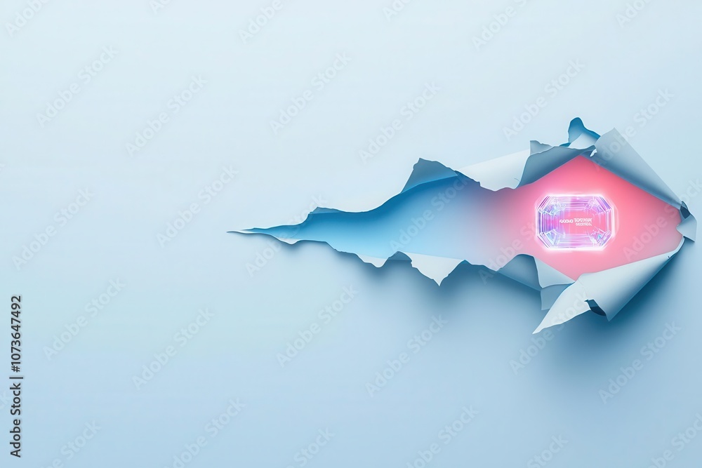 Poster a torn paper effect reveals a vibrant, glowing object beneath, creating a contrast between the soft 