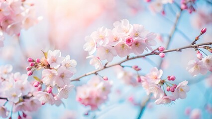 Obraz premium Close-up of cherry blossoms with delicate pink flowers against a blue sky background