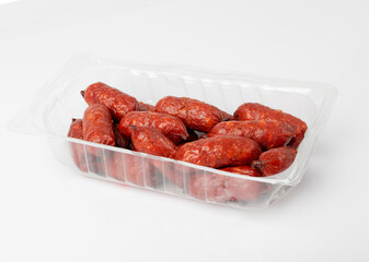 Mini Sausages Isolated, Dry Smoked Salami Sticks, Small Kielbasa, Cabanossi, Kabanos, Dry Embutido, Chorizo